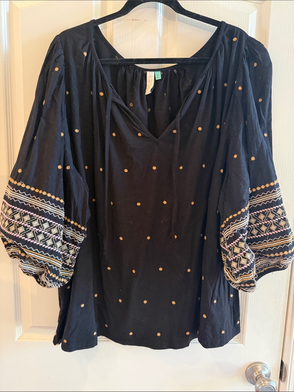 Anthropologie Pilcro Boho Embroidered Peasant Top - black with Gold Dots